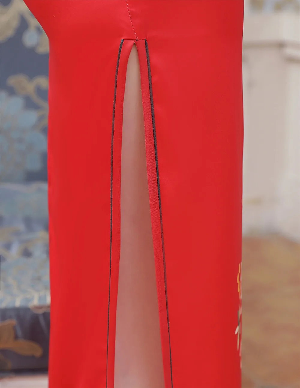 

Shanghai Story Keyhole Oriental dresses Long Cheongsam Faux Silk Red Qipao Dress chinese Traditional Clothing for women