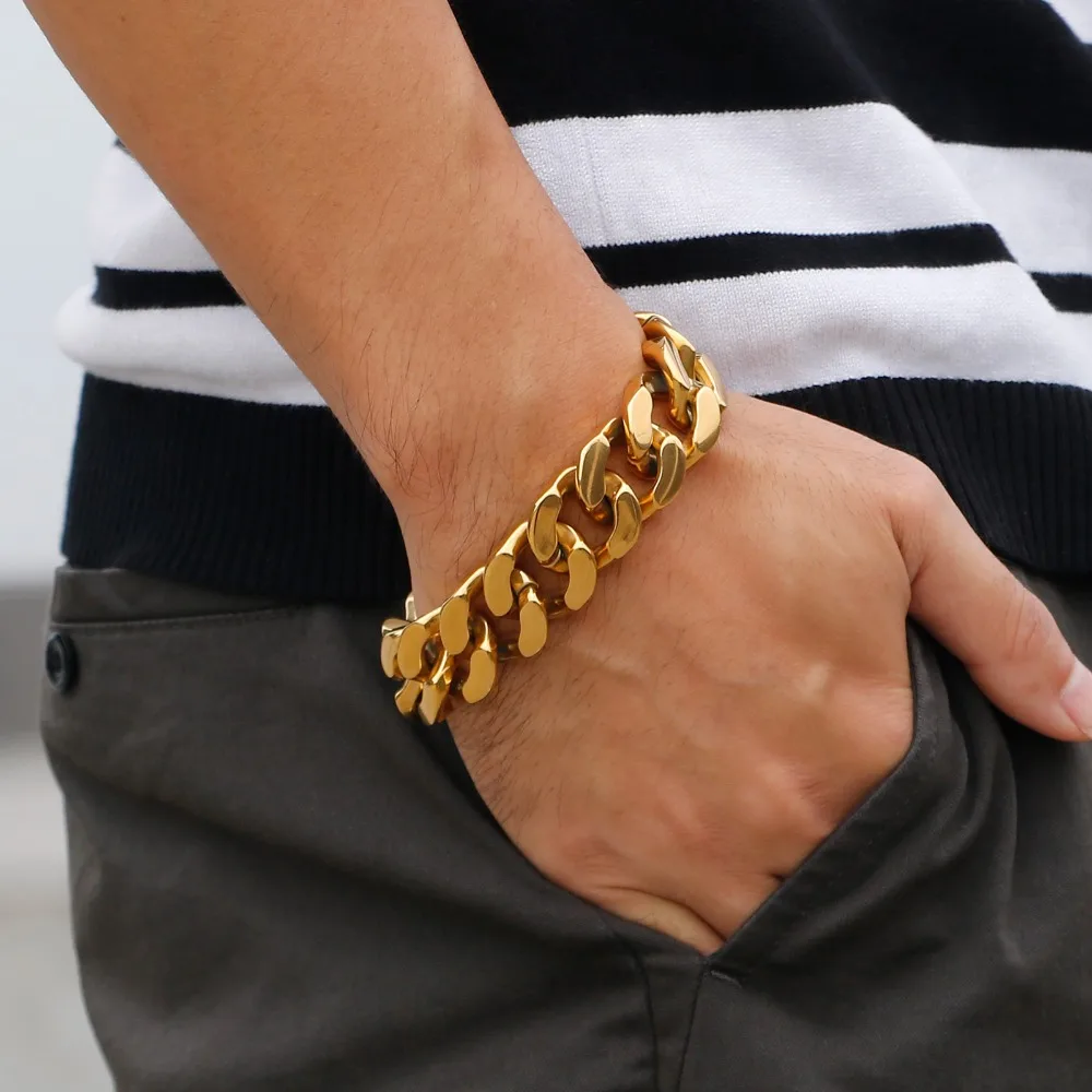 

20mm Curb Cuban Link Chain Gold/Silver color Bracelet Bracelets For Men Stainless Steel Mens Classic Jewelry