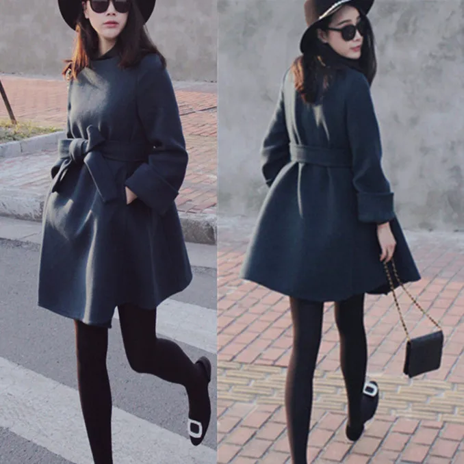 

2019 autumn and winter new woolen coat Slim thin waist tie in the long section of the woolen coat
