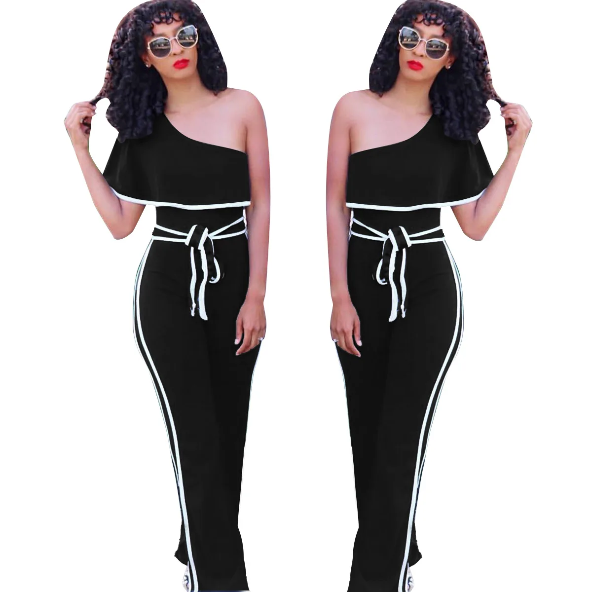 Элегантный сексуальный Летний комбинезон с оборками на одно плечо широкие брюки