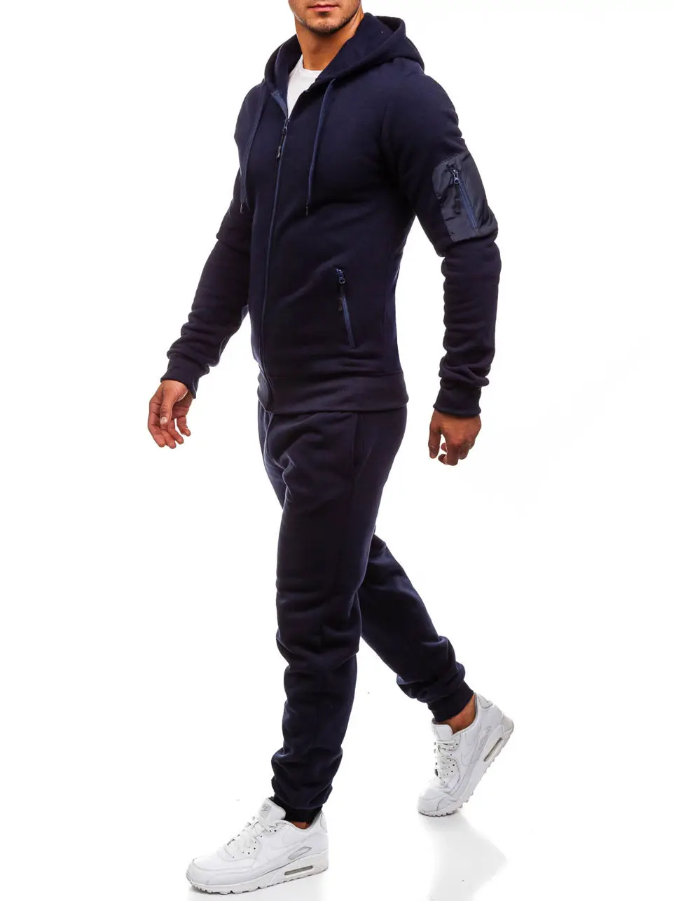 

Men's Casual Zipper Pocket Decoration Plain Sport Suit with Cap