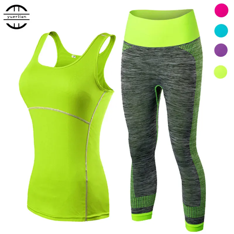 

yuerlian Ladies Sports Running Cropped Top 3/4 Leggings Yoga Gym Trainning Set Clothing workout fitness women yoga suit