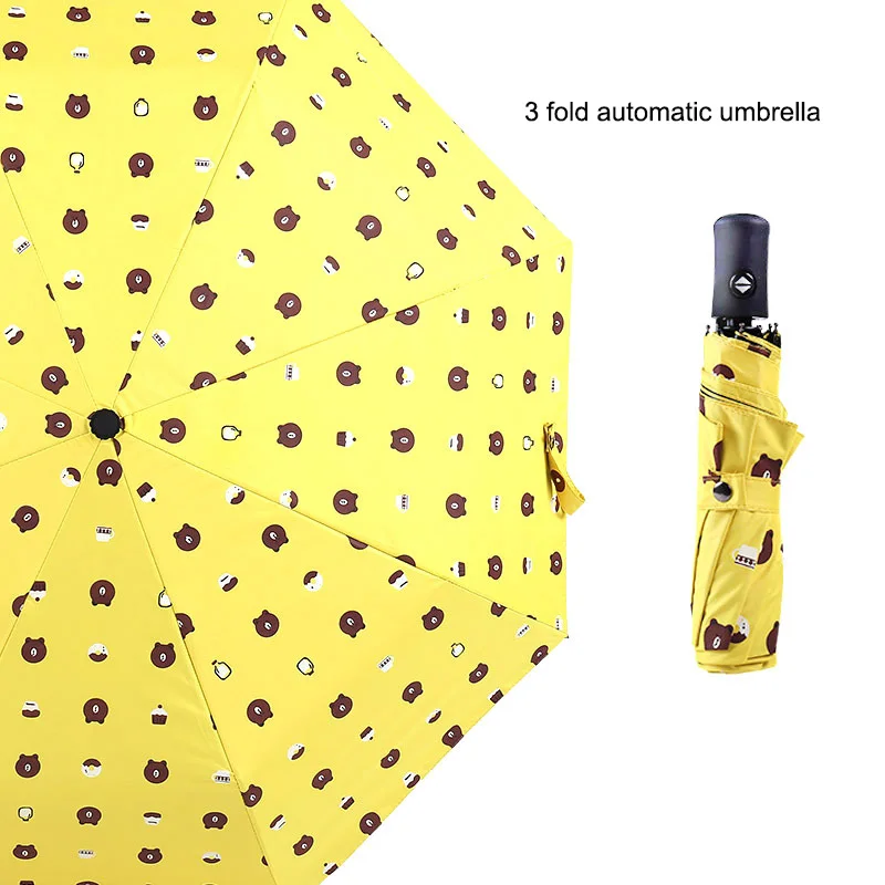automatic umbrella 3 складной автоматический зонтик черный пластиковый медведь ветростойкий 3 складной зонтик дождь Милая волна портативный зонтик - Цвет: automatic umbrella