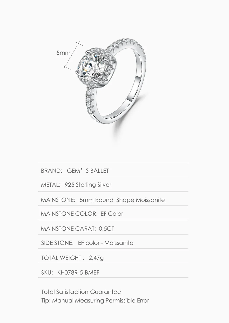 GEM'S балетное 925 пробы Серебряное кольцо Halo для помолвки 0.5Ct 5 мм EF цвет gisel кольца с муассанитом для женщин ювелирные украшения