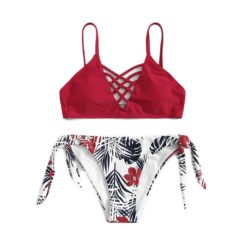 COLROVIE Lattice Top With Random Tropical Tie Side Boho Swimwear Women Bikini Set Wireless Beachwear Ladies Sexy Swimsuit