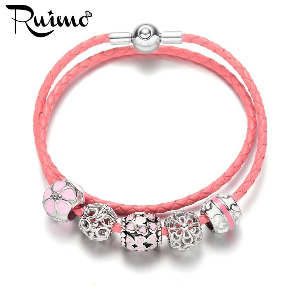 Женский браслет RUIMO из нержавеющей стали 316L с бусинами розовый натуральной кожи |