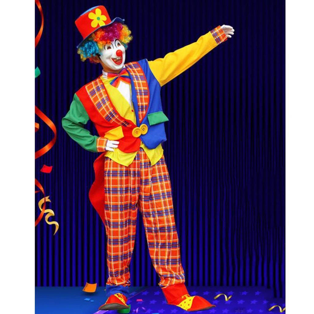 

Comedy Clown Costume Halloween Party Tops Coat Pant Hat Set Joke Adult Fancy Dress