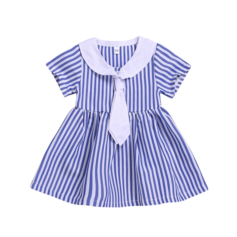 Новое летнее платье в полоску с короткими рукавами и галстуком морском стиле для