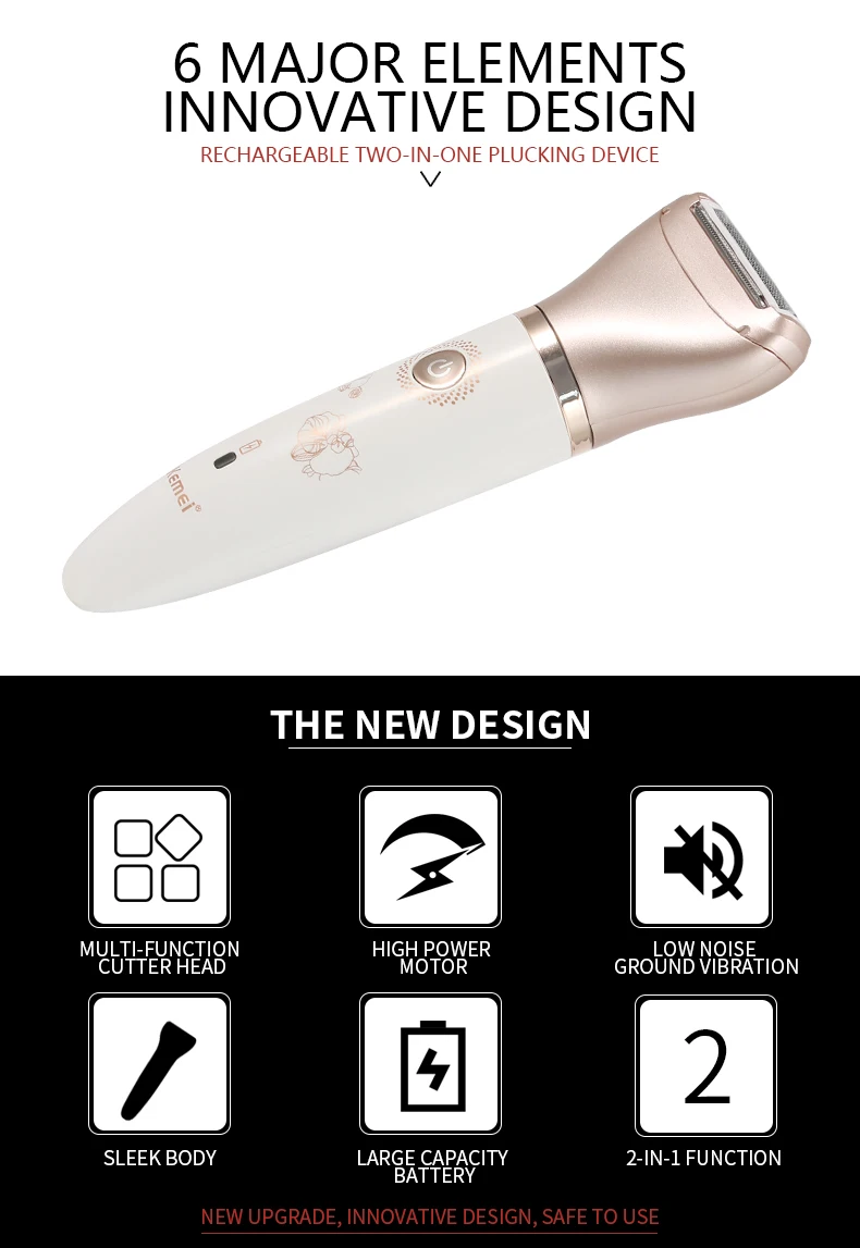 Kemei-1632 2 In 1 Women Electric Epilator Rechargeable Lady Shaver Depilation Machine Hair Removal Trimmer Epilator For Bikini