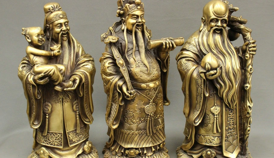 SCY 14 &quotфолк китайская Бронзовая здоровая звезда 3 Бог долголтия Фу Лу Шу статуя&quot