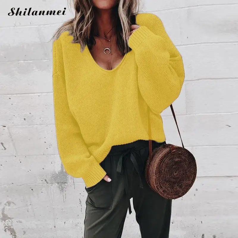 Осень с длинным рукавом V образным вырезом вязаный свитер для женщин 2018 Новая