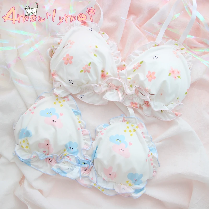 Kawaii сладкий принцесса Лолита розовый Сакура/улыбающиеся облака милый японский бюстгальтер+ трусики набор беспроводной мягкое нижнее белье Наборы для сна