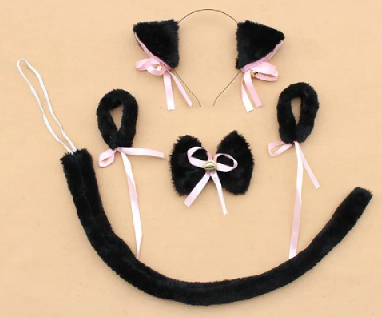 Косплей Плюшевые черные уши кошачьи головная повязка галстук бабочка браслет с