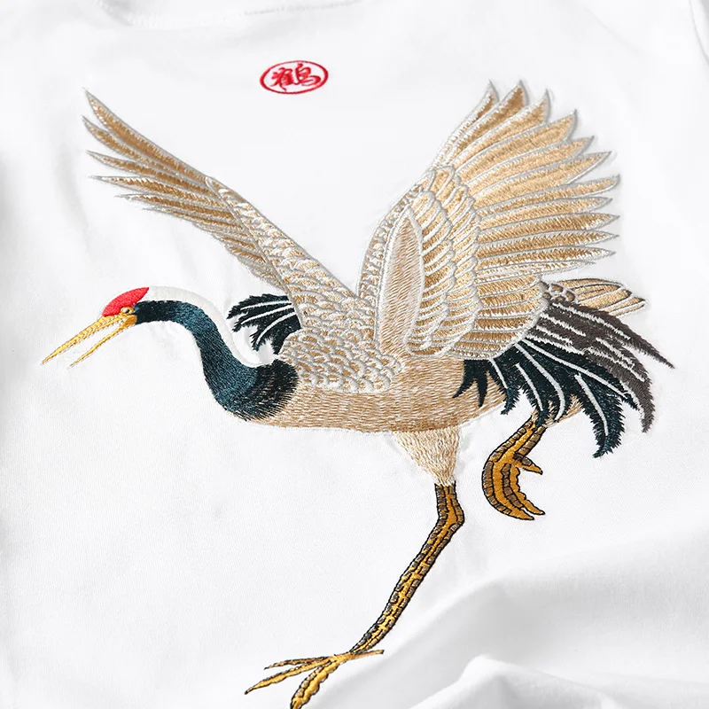 Летняя одежда в китайском стиле с вышивкой мужские футболки из хлопка Crane Мужская