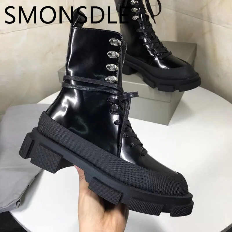 SMONSDLE/Новые черные женские ботильоны из натуральной кожи с круглым носком на