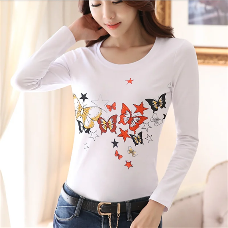 Женские футболки Стразы 2019 Осенние Топы женские со стразами женская футболка с