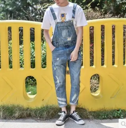 M-3XL HOT ! New men's clothing hole bib pants fashion slim denim overalls jumpsuit Nine points suspenders Little feet jeans | Мужская