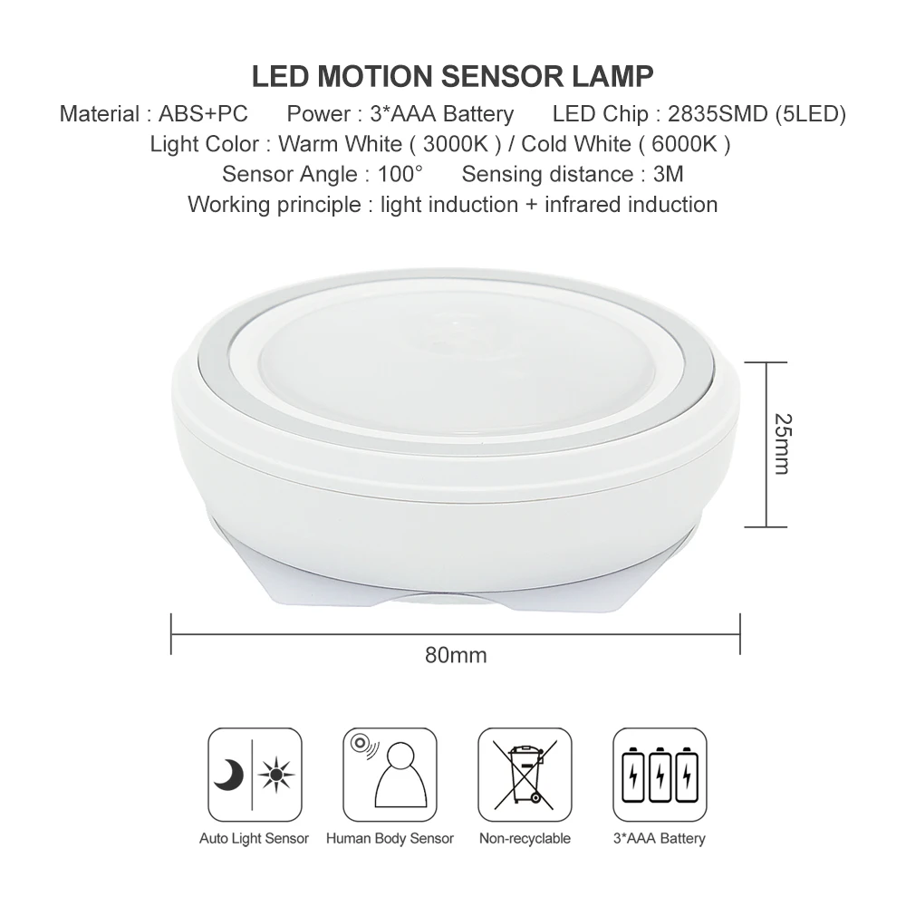 Светодиодный светильник для шкафа с ИК датчиком движения на батарейках питанием