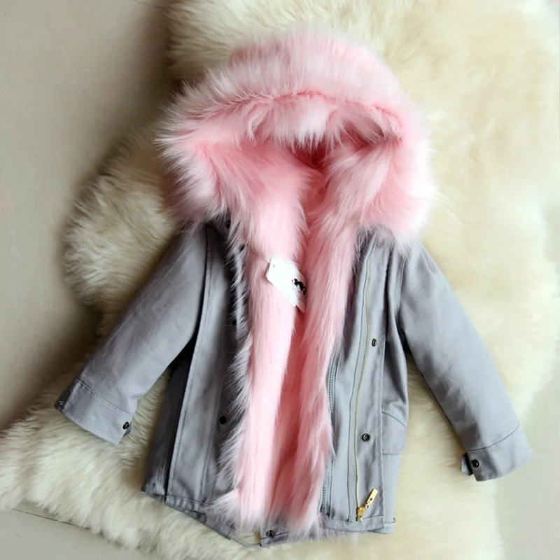 gray coat pink fur Теплое зимнее пальто для девочек с подкладкой из искусственного лисьего меха Рождественская школьная куртка с длинными рукавами для девочек и мальчиков - Цвет: gray coat pink fur