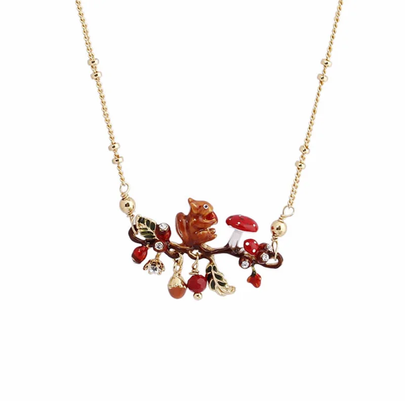 Lovely enamel glaze squirrel Red mushroom Pine nuts pendant necklace for women lady party jewelry choker necklaces | Украшения и