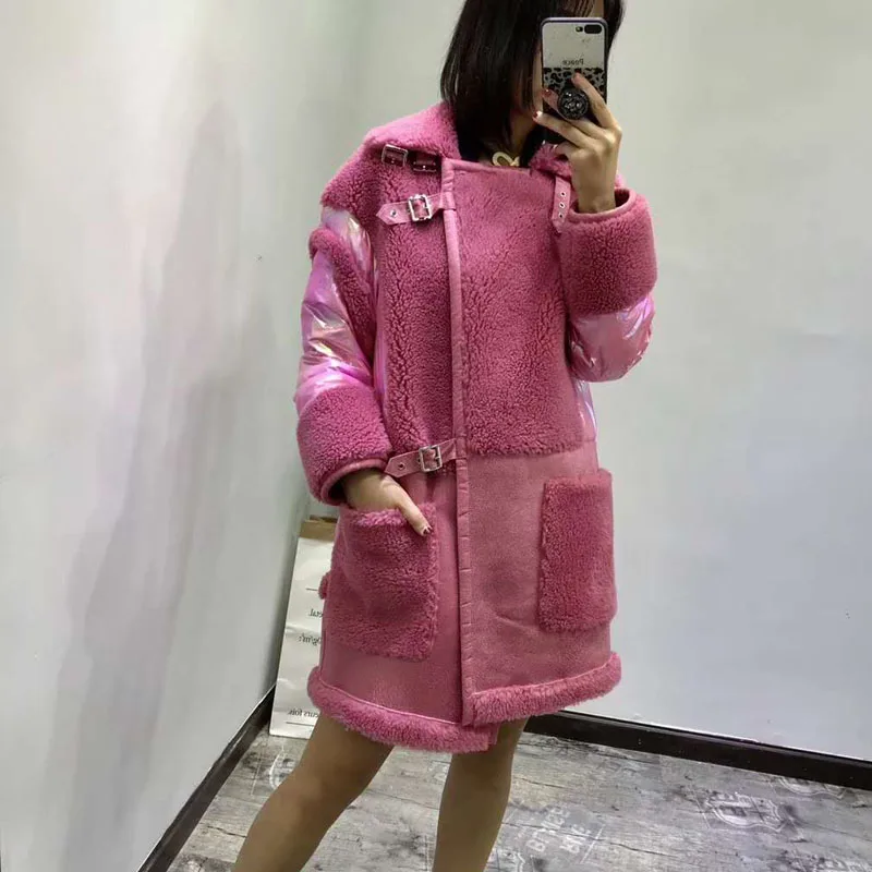 Модное роскошное пальто с овечьим мехом, новинка, Женская Зимняя шерстяная куртка, мотоциклетная Меховая куртка, пэтчворк, 90% белый утиный пух, длинная куртка
