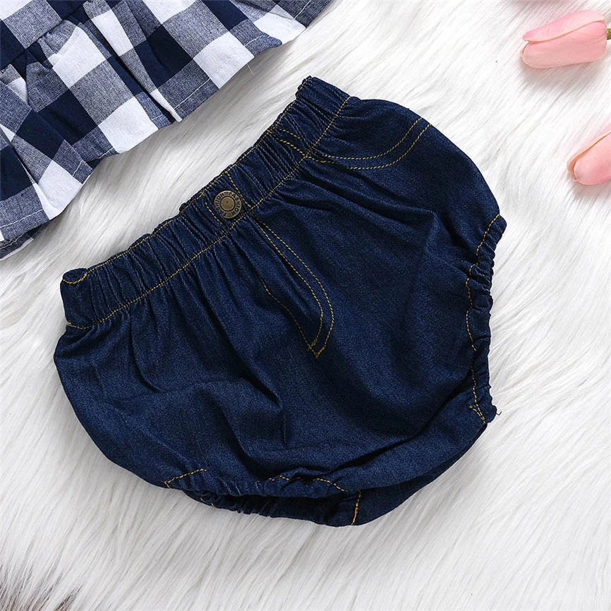 Модные детские костюмы летняя Клетчатая футболка с юбкой для маленьких девочек