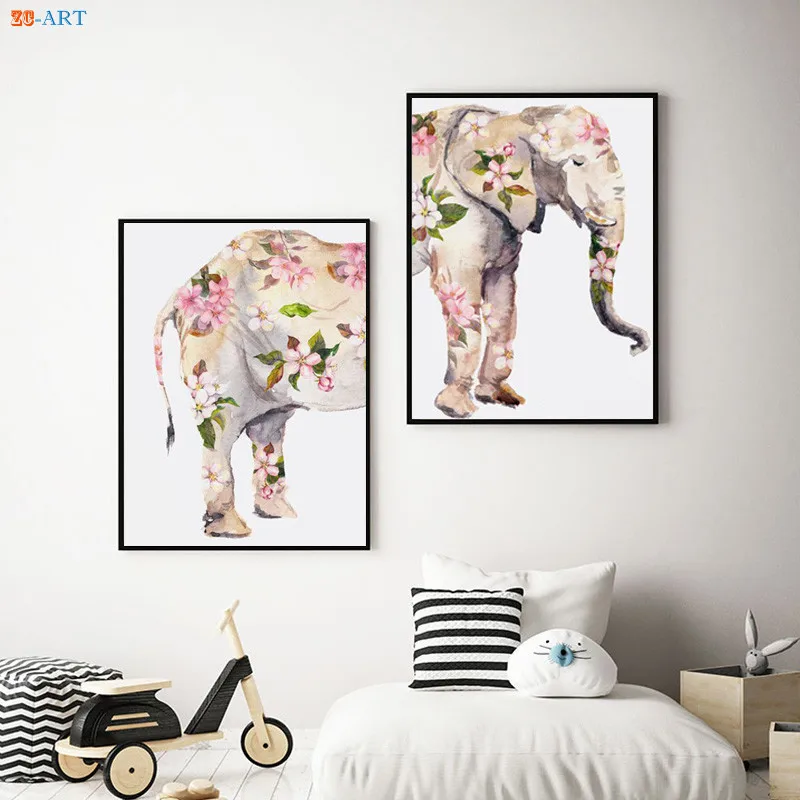 Розовые цветы и плакаты слона рисование на холсте с принтом животных декор для