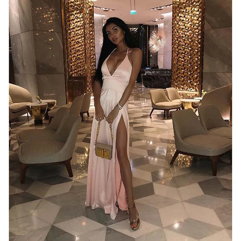 2019 Мода спинки Асимметричный слинг Сплит v образным вырезом длиной до пола платья