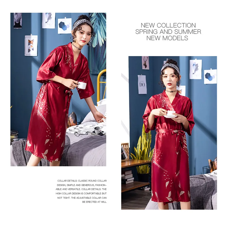 New Pajamas Summer Ladies Large Size Short Sleeve Robe Wholesale Long Silk Printed Sexy Bathrobe