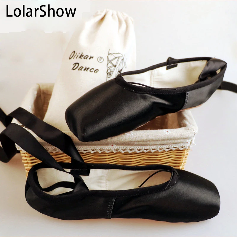 Черные балетные туфли с носком профессиональные женские атласные пуанты
