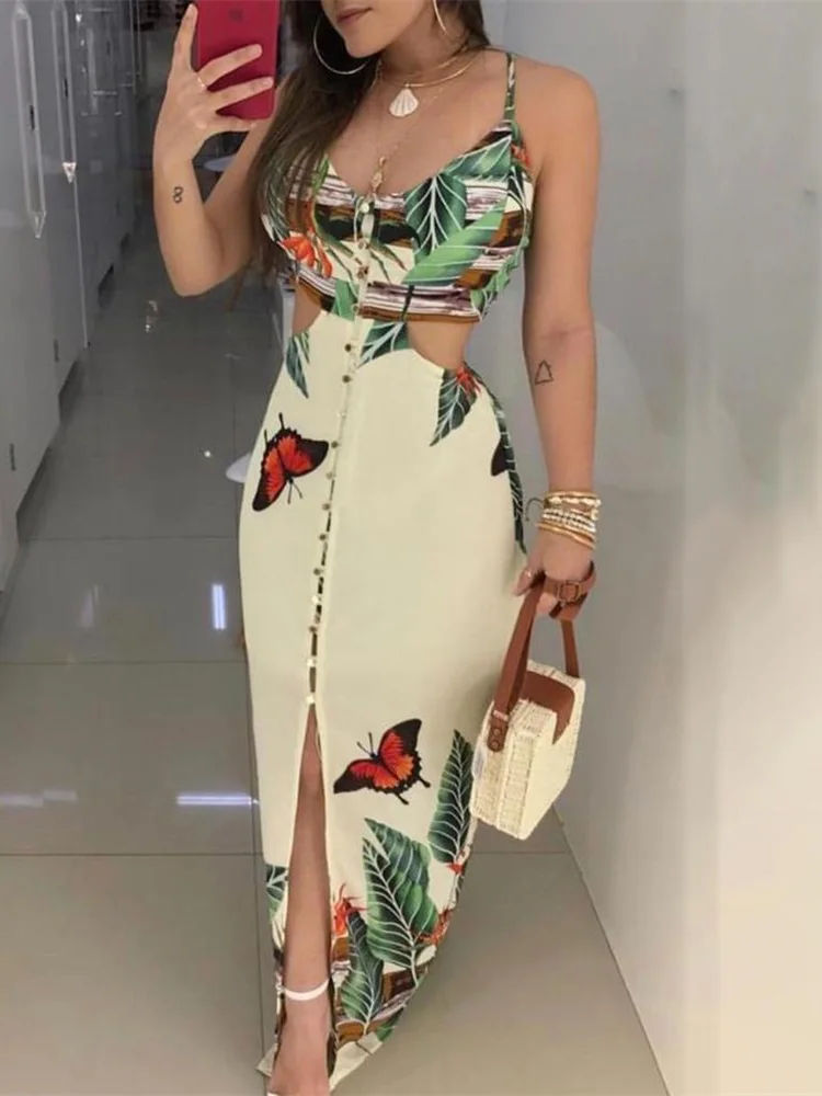 

2020 Summer Women Elegant Long Casual Party Dress Female Maxi Dress Ladies V-Neck Spaghetti Strap Tropical Print Cutout Dress