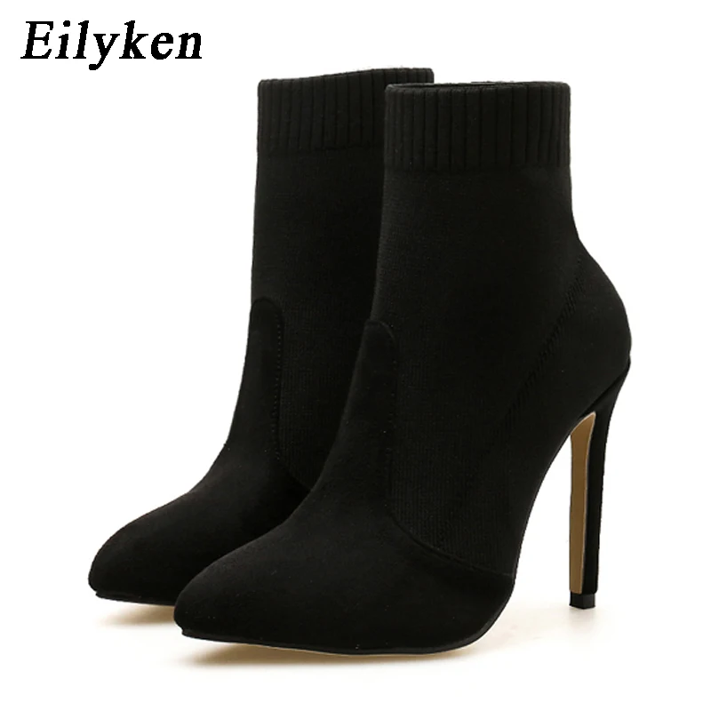 Black Eilyken/эластичные вязаные сапоги-носки женские ботильоны пикантные вечерние сапоги с острым носком на высоком каблуке абрикосовый, черный цвет, размеры 35-40 - Цвет: Black