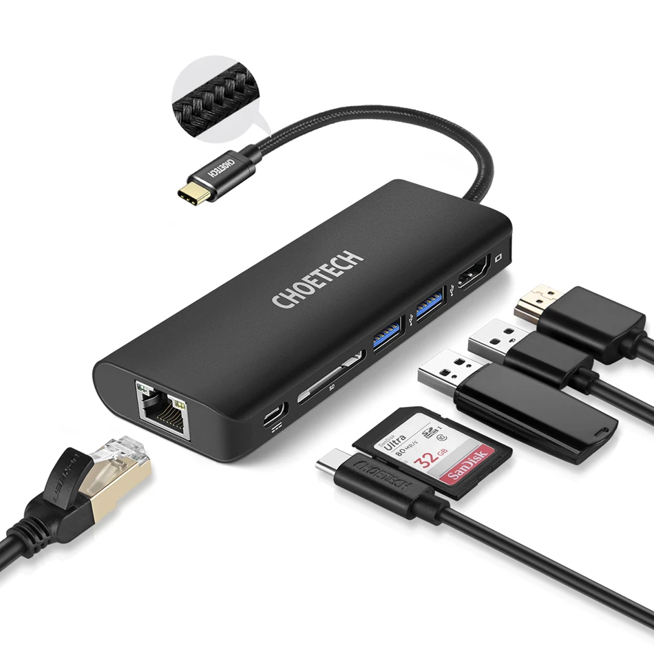 CHOETECH USB концентратор USB-C многопортовый адаптер PD зарядное устройство 4 K HDMI SD