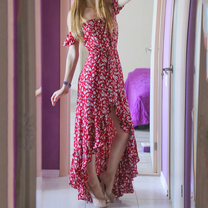 Sishot женские богемные платье 2017 Лето Осень вырос Цветочный Асимметричный принт с