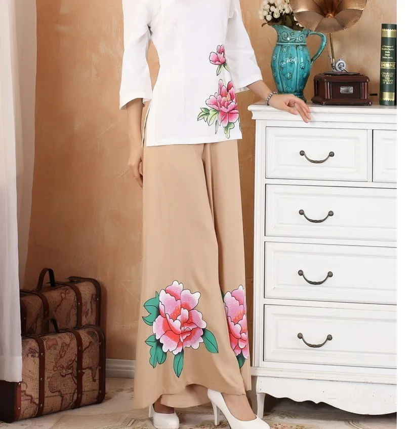 

New Women's Pants 2019 Summer Autumn Mid Waist Wide Leg Pants Casual Loose Floral Print Cotton Linen Trousers Pantalon Femme