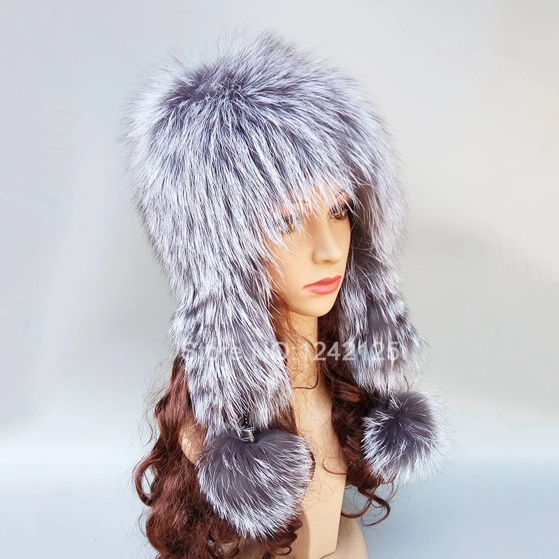 New Winter Russia Women girl Female real silver fox fur hat pompom warm outdoor genuine ear Earmuff hats caps | Детская одежда и
