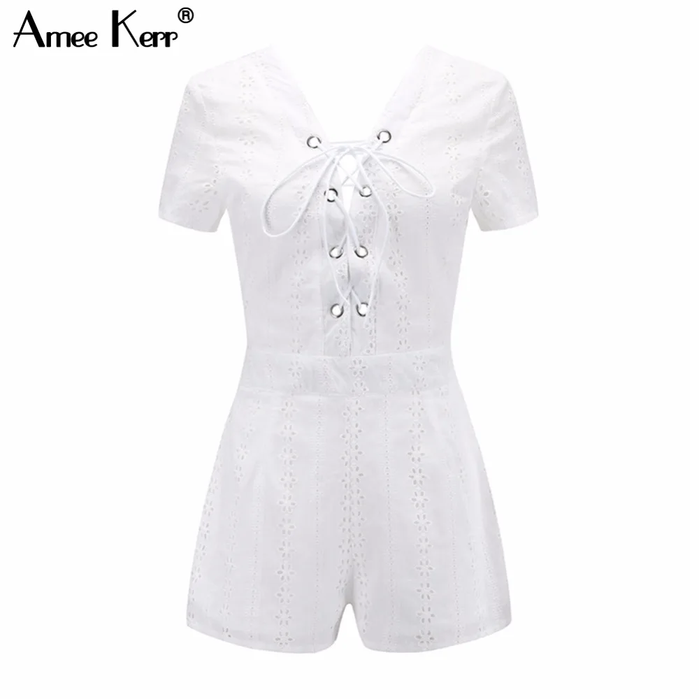 Amee Керр белая повязка v образным вырезом полые Playsuit спинки Womenn короткое лето