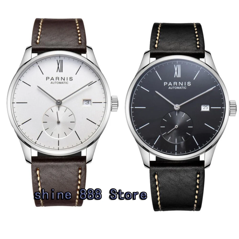 

42mm parnis white dial date window leather ST1731 automatic mens watch