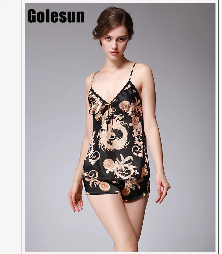 

Golesun Lady Summer sexy spun silk pajamas silk nightgown condole shorts leisure homewear suit women's clothing