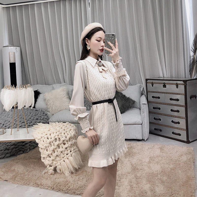 ALPHALMODA, весеннее женское изящное вязаное платье+ рубашка с длинными рукавами, костюмы из 2 предметов, с бантом, с ромбовидной сеткой, с поясом, комплекты платьев на бретелях