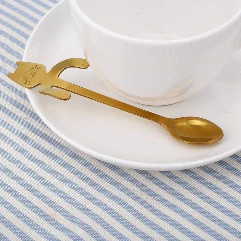 HOT-6 Pcs Mini Cat Coffee Spoon Stainless Steel Hanging Cup Teaspoons Demitasse Kitten Design Stirring Cute Utensil | Дом и сад