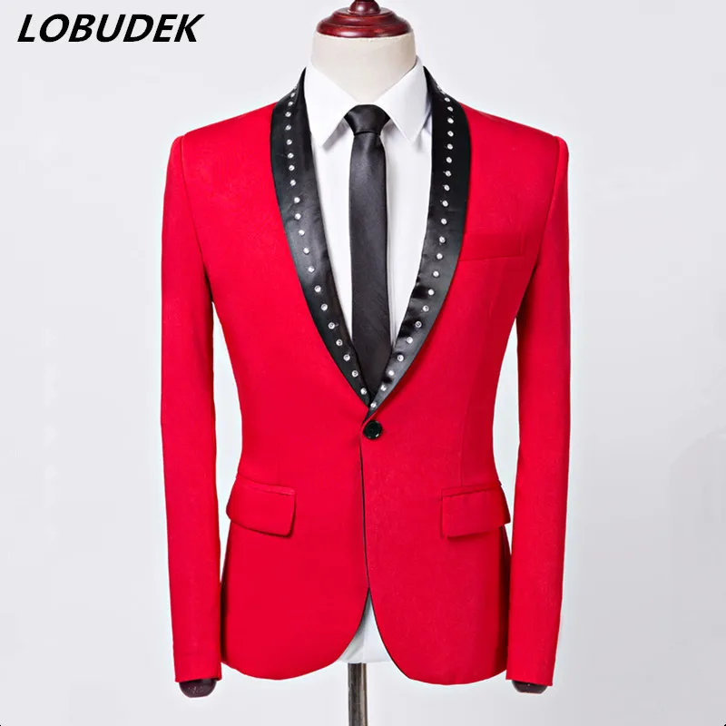 

Sparkly Crystal Red Men's Suits Wedding Dresses Bar Singer Host Music Concert Costume Studio Stage Outfit Nightclub Clothing