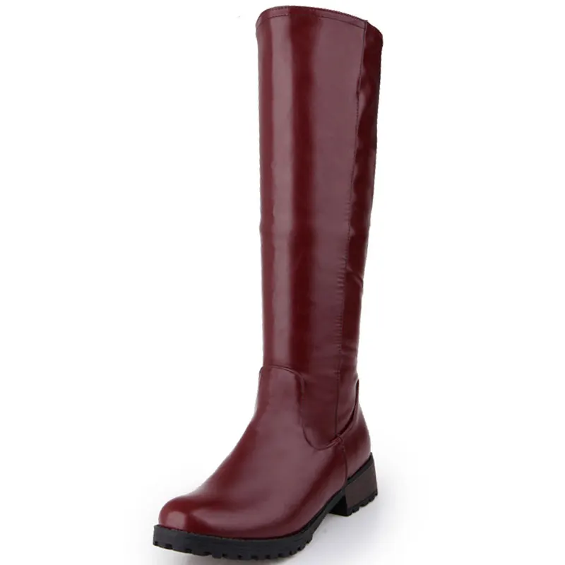 3 цвета Женщины 2016 Твердые Круглый Toe Толстые Каблуки Кожа колено Сапоги Мода