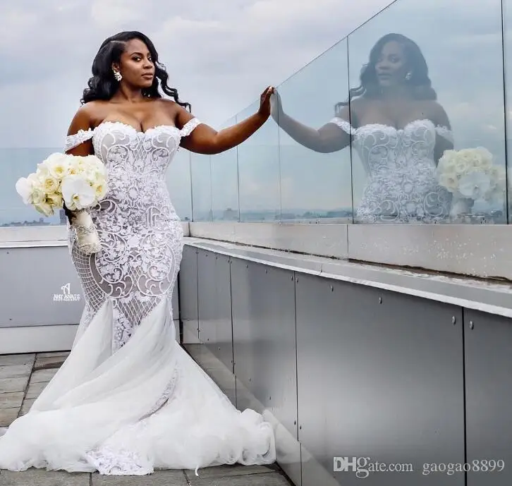 Mermaid Wedding Dresses Modest Plus Size Off Shoulder Trumpet Bridal Gowns Sweep Train Tulle Lace African Dress Custom M | Свадьбы и
