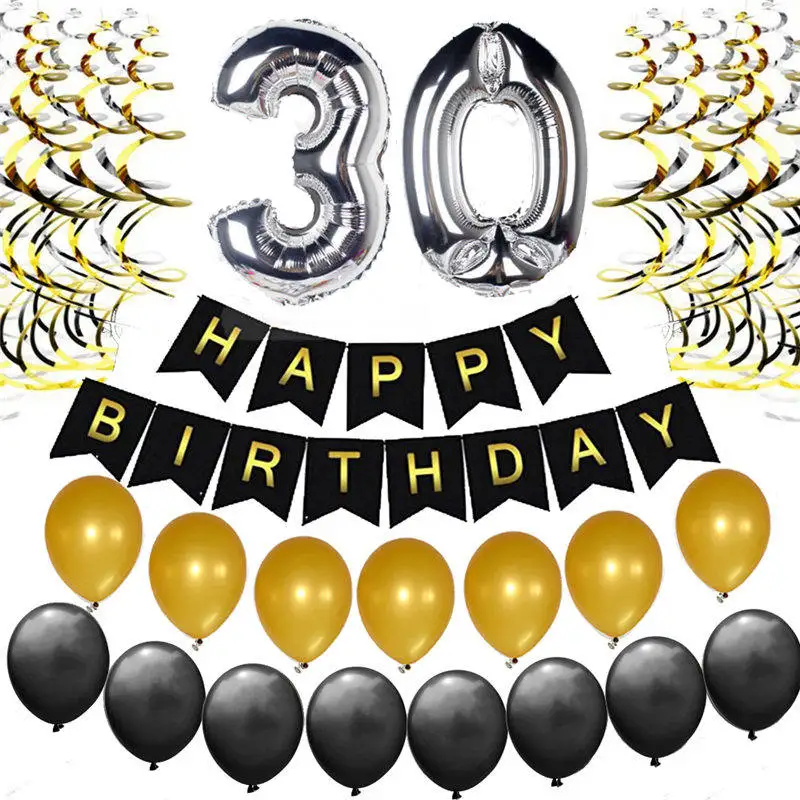 Gold Silver 30th Birthday Party Decorations Kit Happy Foil Letter Balloons 30 Years Old Anniversary Supplies Adults | Дом и сад
