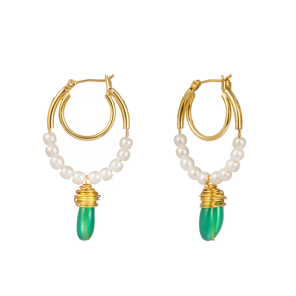 

Green Natural stone New Design Metal Gold Asymmetric Cross Heart Geometric Pearl DropEarrings for Women 2019