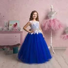 Королевское голубое платье с цветочным узором для девочек Детская пышная аппликация из белого кружева, платье принцессы для выпускного бала, торжественное платье для причастия для девочек