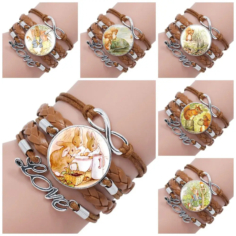 Многослойный черный/коричневый кожаный браслет со стеклом кабошон для девочек |