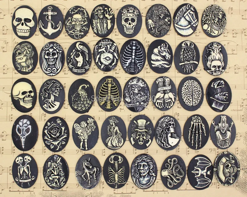 

Onebeading Flat Back Resin Random Mixed Pattern Black Terror Cameos Cabochons For Settings Jewelry Pendant Necklace 30x39mm