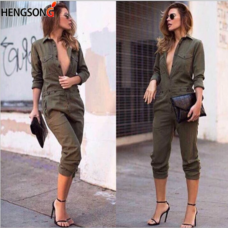 Женский Облегающий комбинезон винтажный однотонный с длинным рукавом армейский